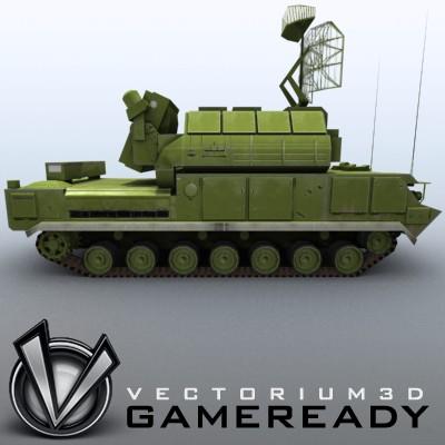 3D Model of Game-ready model of modern Russian/Chinese SAM TOR-M1 (SA-15 Gauntlet) with two RGB textures (2048x2048 and 1024x512) and one RGBA (512x512) texture for radar. - 3D Render 2